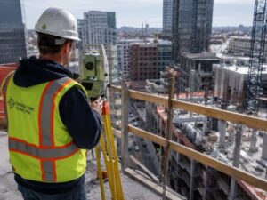 Surveyor transferring layout control on an upper floor of a dense Arlington redevelopment site