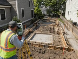 Construction surveyor checking foundation forms for a replacement home on a setback constrained residential lot.