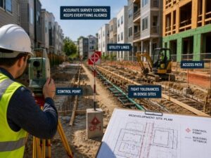 Surveyor setting control points on a tight residential redevelopment site with nearby construction.