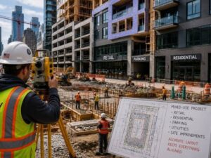 Surveyor using equipment to mark layout on a crowded urban mixed-use construction site.