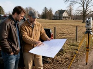 Two men surveying a large blueprint beside a pickup truck on a rural property, with a tripod-mounted instrument nearby.