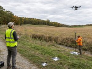 Aerial surveyor using drone mapping equipment on a development site in Arlington, VA.