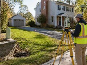 Licensed land surveyor documenting existing site improvements during a property survey in Arlington, VA.
