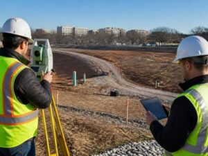Surveying company in Arlington, VA, using professional equipment to verify site conditions, boundaries, and elevations before construction begins.